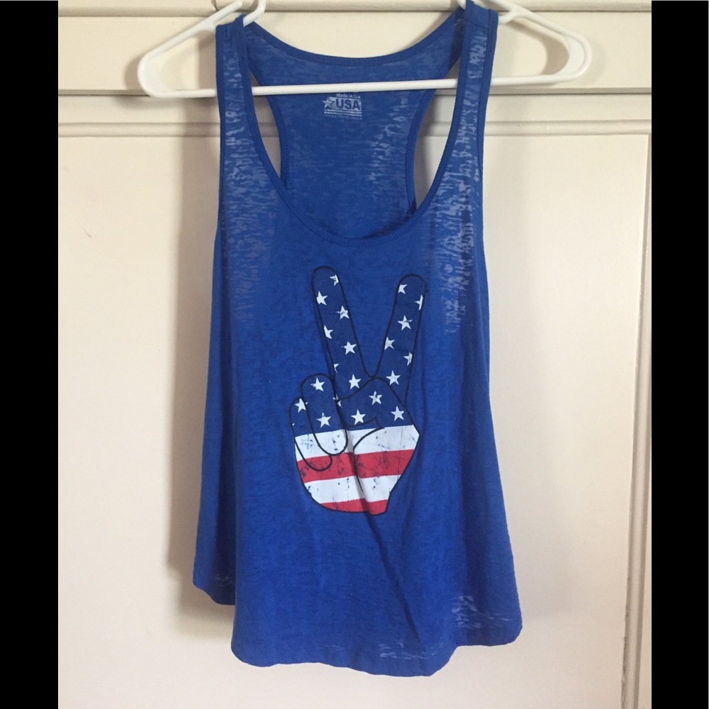 Blue tank top with American flag peace sign